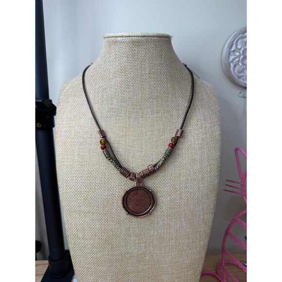 Chicos Tribal Look Copper Pendant Necklace With Beaded Accents & Adjustable Cord - Picture 2 of 9